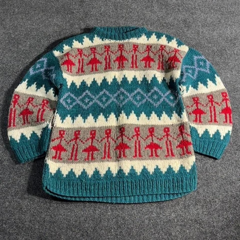 Vintage 70s Aztec 100% Wool Chunky Hand Knit Sweater Ecuador XL Rare Oversized